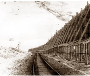 Щиты Потапова, установленные вдоль железнодорожных путей в окрестностях города Норильска для защиты от снежных заносов.<br />
Источник фото: Заполярная правда